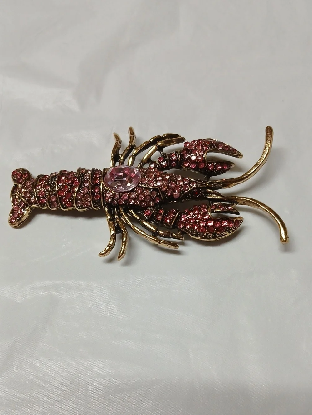 Large Lobster Brooch Pin Goldtone Metal Encrusted w/ Pink Crystals RARE Jewelry